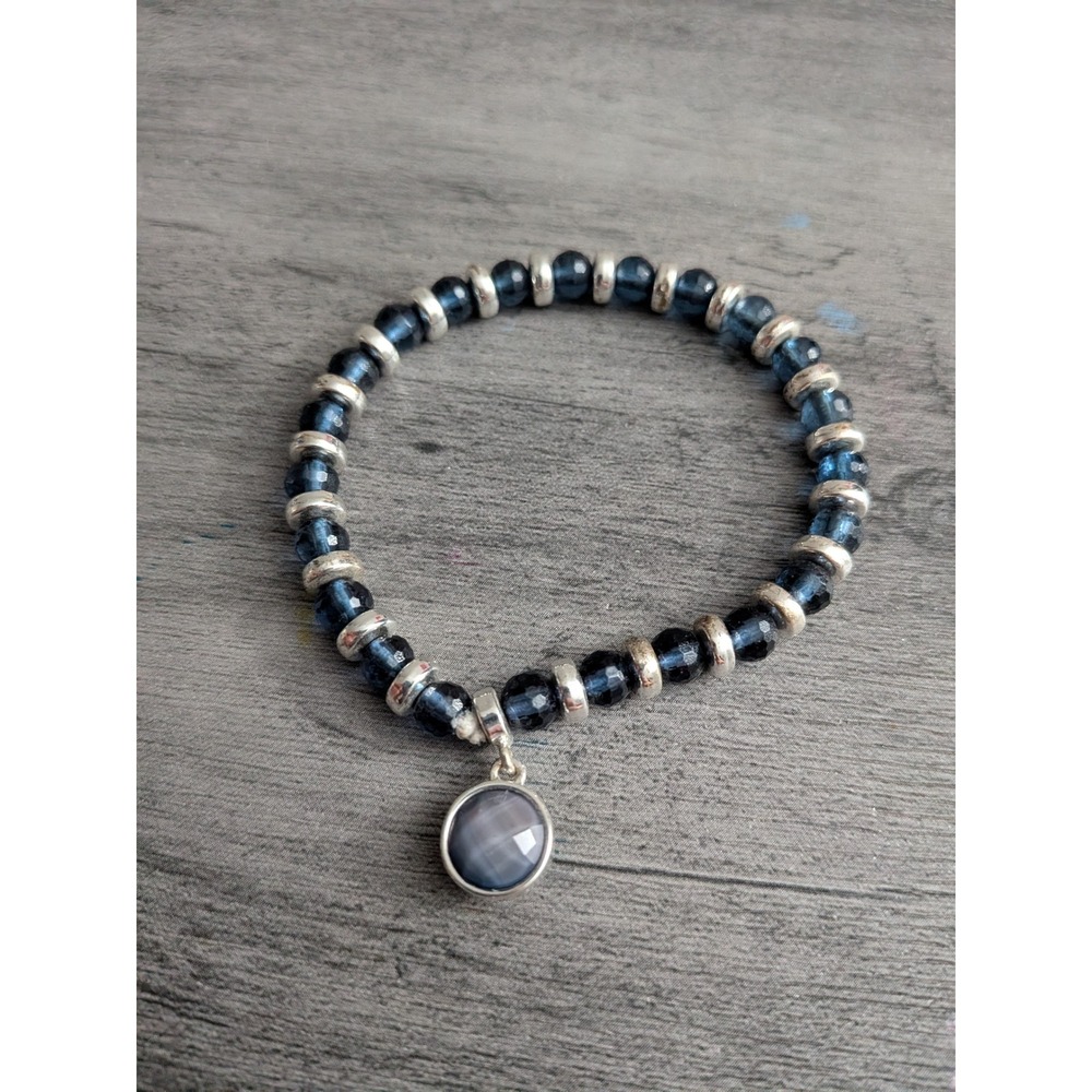Womens Navy Blue Faceted Glass Beaded Stretch Bracelet with Round Charm Silver